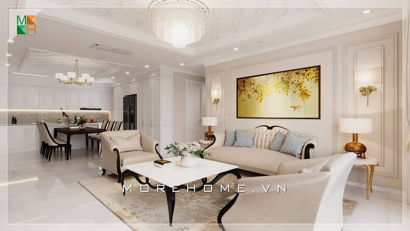 Một bức tranh canvas họa tiết sống động với màu vàng sẽ làm nên điểm nhấn đặc biệt cho không gian phòng khách cổ điển.