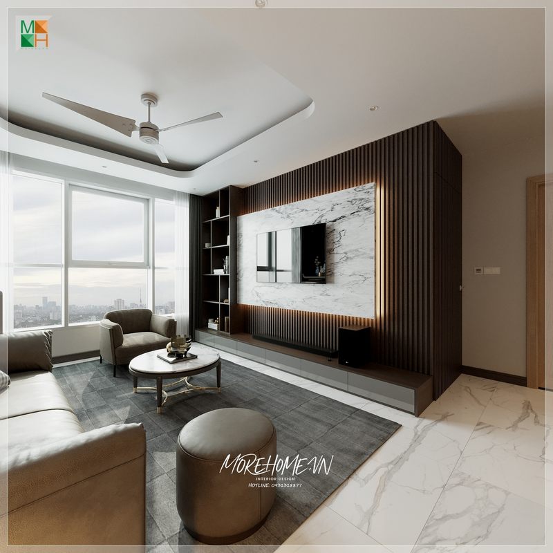 Đá ốp vách tivi trắng vân mây hiện đại được sử dụng để tô điểm trang trí thêm cho không gian phòng khách đẹp mắt.