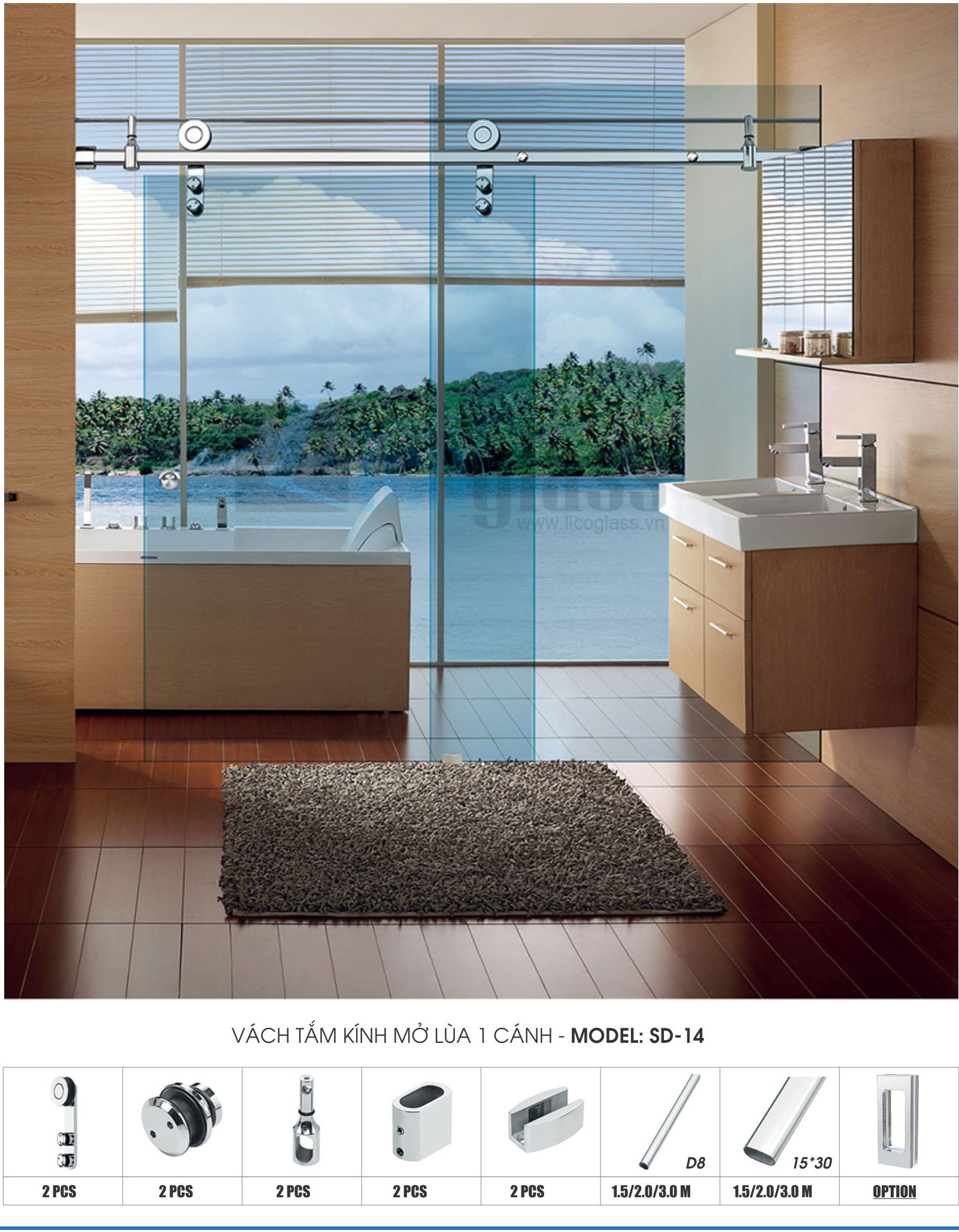 Phụ kiện vách tắm kính mờ cửa lùa 1 cánh