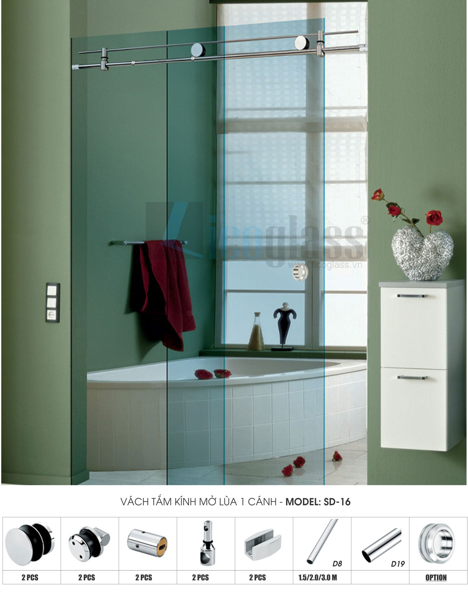 Phụ kiện vách tắm kính mờ cửa lùa 1 cánh