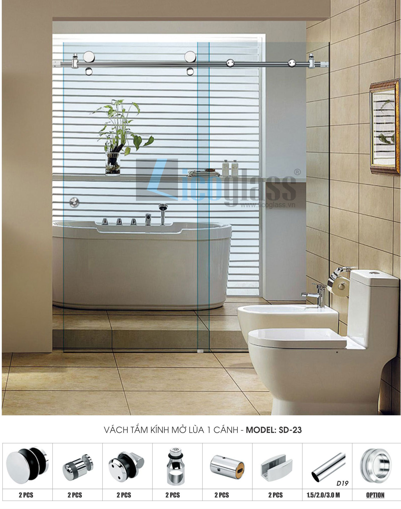 Phụ kiện vách tắm kính mờ cửa lùa 1 cánh