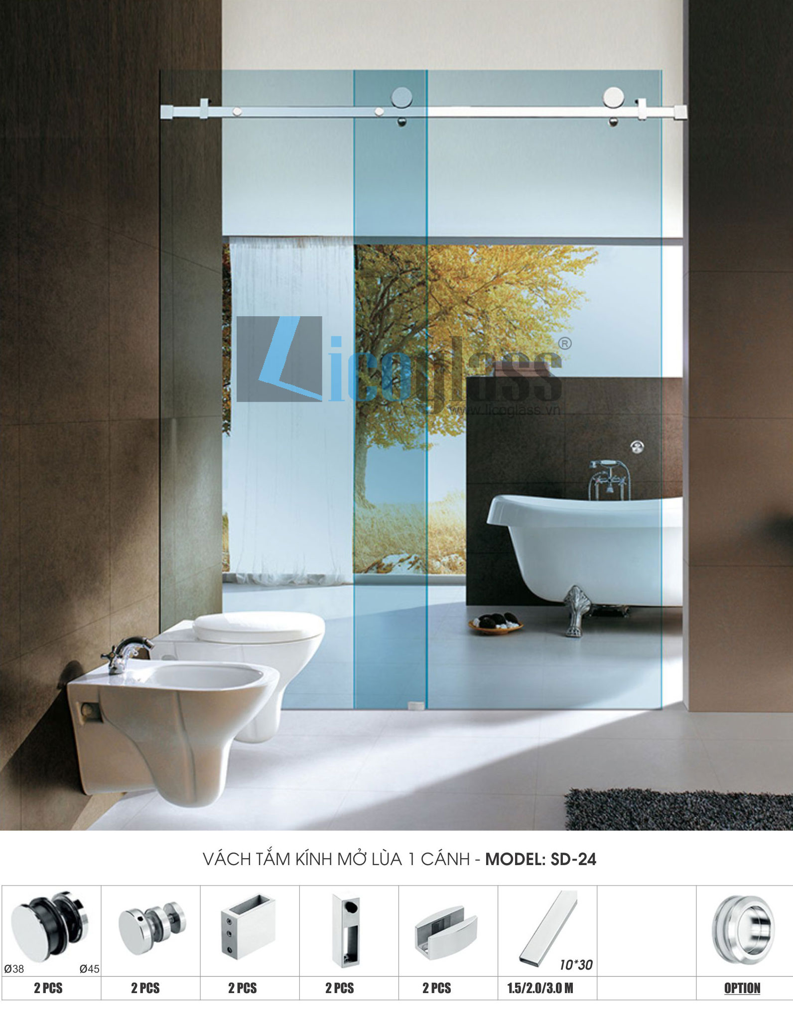 Phụ kiện vách tắm kính mờ cửa lùa 1 cánh